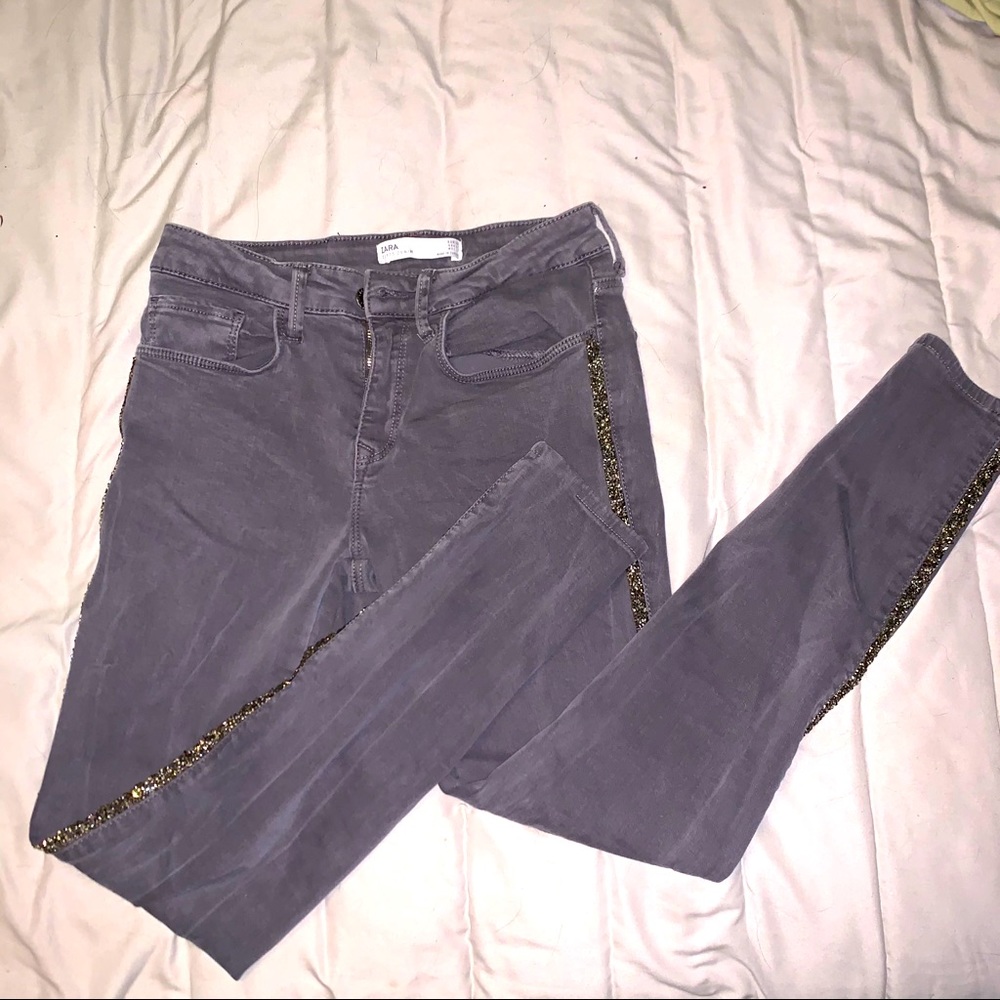 Zara Women's Skinny Jeans in Gray with Gold Side Trim